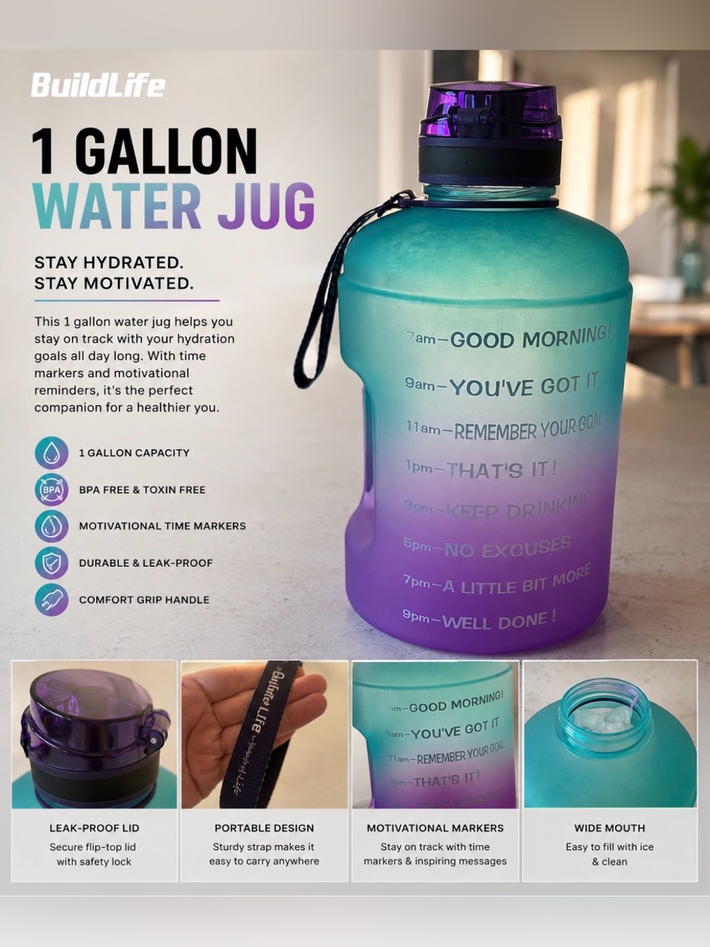 BuildLife 1 Gallon Water Jug - Teal to Purple Ombre